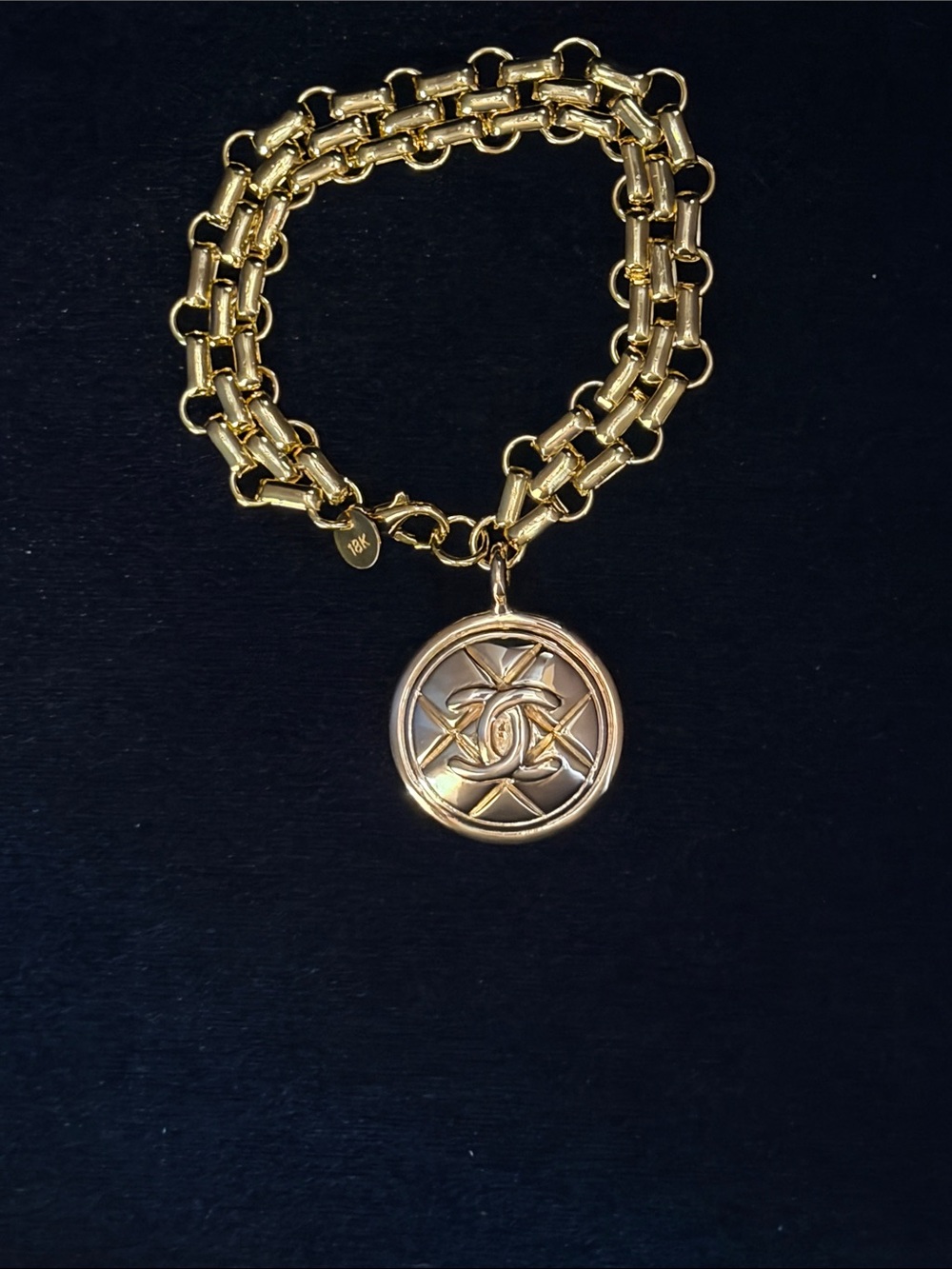 Gold-Tone Double Chain Bracelet with Chanel CC Medallion